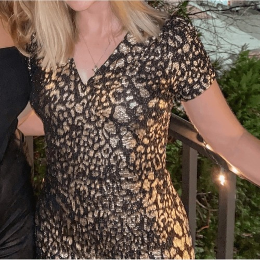 Lulu's Mini Dress Thrill Me Black & Metallic Gold Leopard Print Size XS